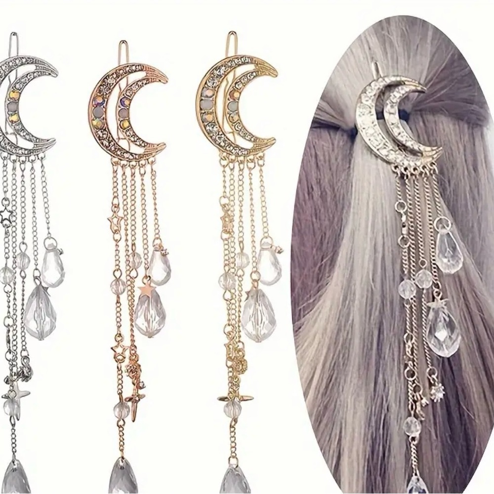 Silver and Gold Crescent Moon Hair Accessories with Chains